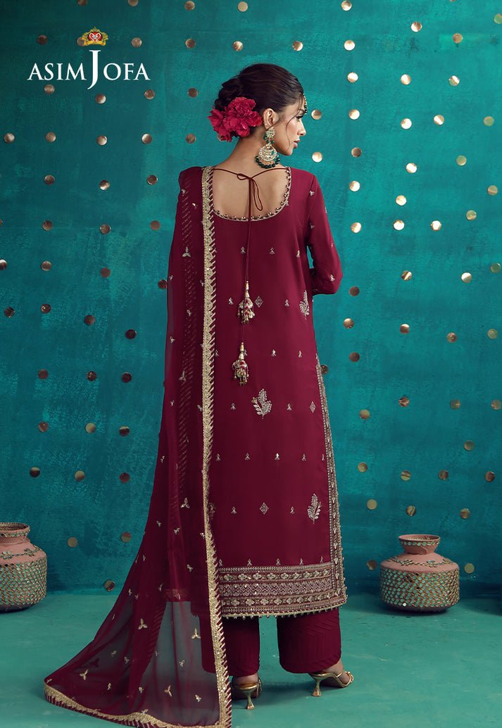 Asim Jofa | Luxury Festive 26 | AJULFB-08-Brand:Asim Jofa-Type:Ladies Clothes-Maroon-Boski Silk-House of Maryam- Buy in UK, USA