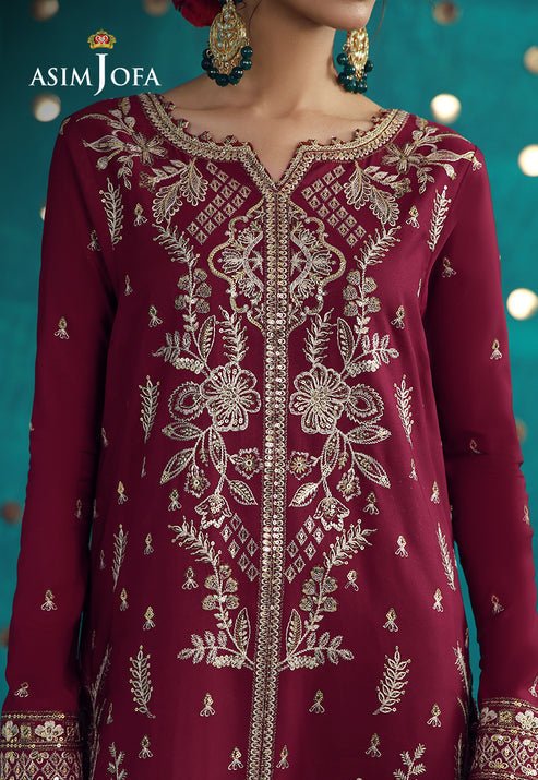 Asim Jofa | Luxury Festive 26 | AJULFB-08-Brand:Asim Jofa-Type:Ladies Clothes-Maroon-Boski Silk-House of Maryam- Buy in UK, USA