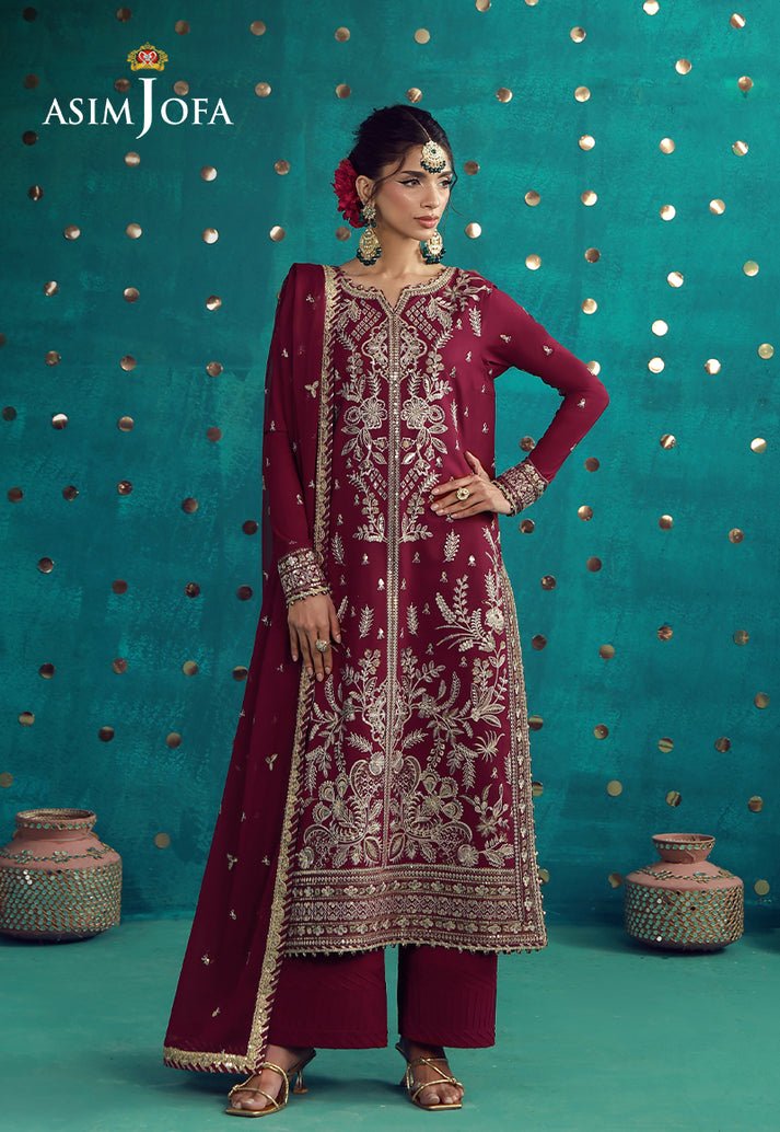 Asim Jofa | Luxury Festive 26 | AJULFB-08-Brand:Asim Jofa-Type:Ladies Clothes-Maroon-Boski Silk-House of Maryam- Buy in UK, USA