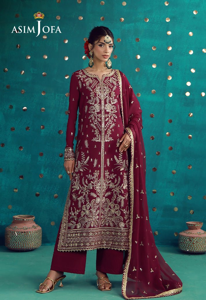 Asim Jofa | Luxury Festive 26 | AJULFB-08-Brand:Asim Jofa-Type:Ladies Clothes-Maroon-Boski Silk-House of Maryam- Buy in UK, USA