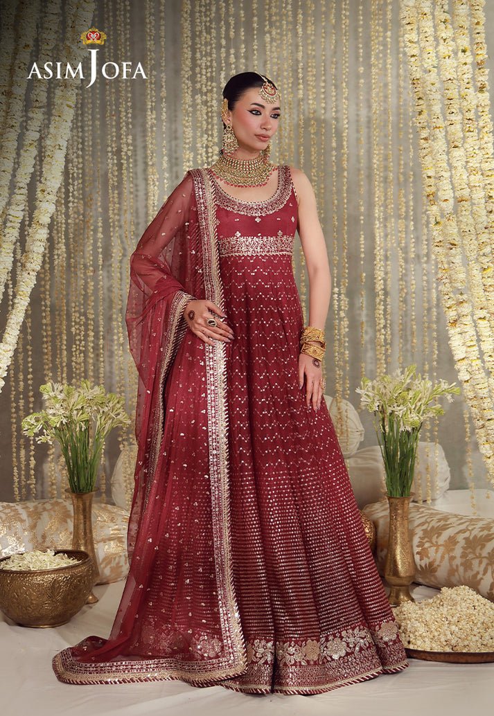 Asim Jofa | Luxury Festive 26 | AJULFE-01-Brand:Asim Jofa-Type:Ladies Clothes-Maroon-Poly Net-House of Maryam- Buy in UK, USA