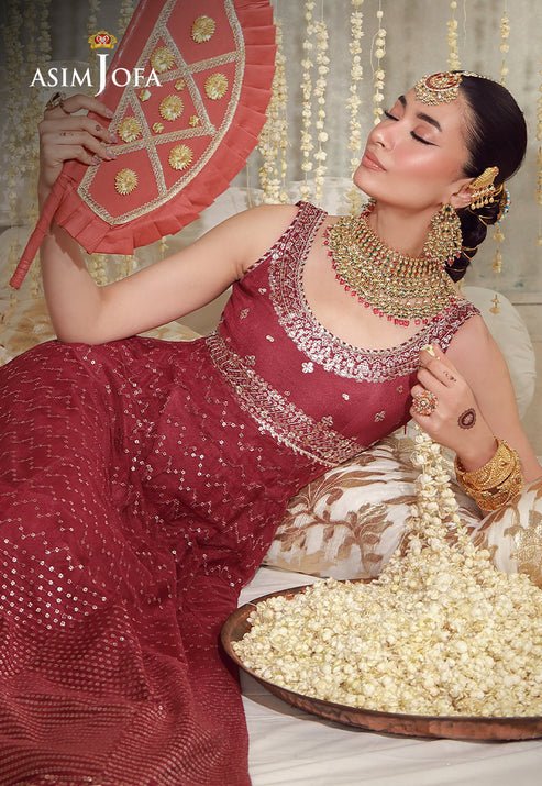 Asim Jofa | Luxury Festive 26 | AJULFE-01-Brand:Asim Jofa-Type:Ladies Clothes-Maroon-Poly Net-House of Maryam- Buy in UK, USA