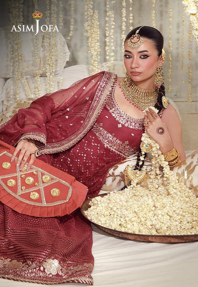 Asim Jofa | Luxury Festive 26 | AJULFE-01-Brand:Asim Jofa-Type:Ladies Clothes-Maroon-Poly Net-House of Maryam- Buy in UK, USA