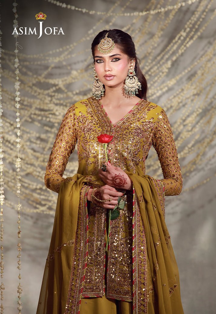 Asim Jofa | Luxury Festive 26 | AJULFE-02-Brand:Asim Jofa-Type:Ladies Clothes-Mustard-Chiffon-House of Maryam- Buy in UK, USA
