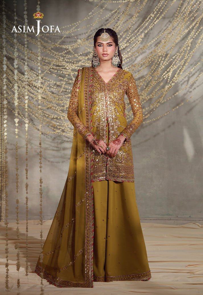 Asim Jofa | Luxury Festive 26 | AJULFE-02-Brand:Asim Jofa-Type:Ladies Clothes-Mustard-Chiffon-House of Maryam- Buy in UK, USA