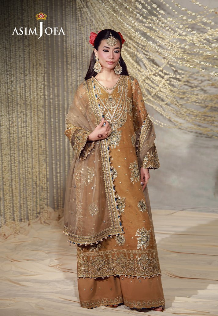 Asim Jofa | Luxury Festive 26 | AJULFE-03-Brand:Asim Jofa-Type:Ladies Clothes-Mustard Brown-Organza-House of Maryam- Buy in UK, USA