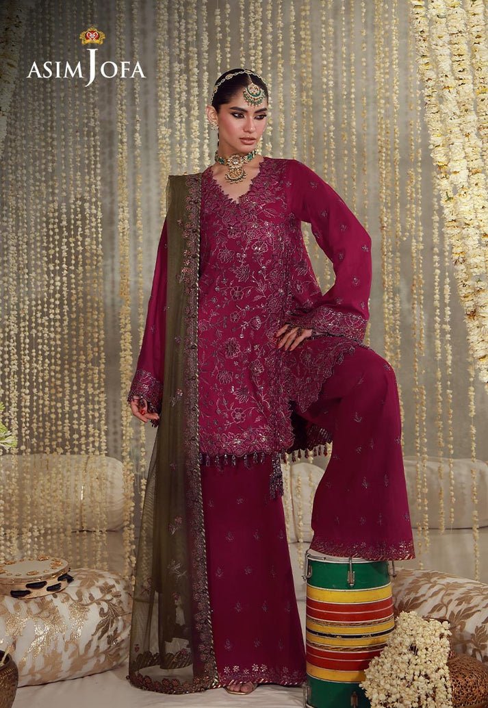 Asim Jofa | Luxury Festive 26 | AJULFE-06-Brand:Asim Jofa-Type:Ladies Clothes-Magenta-Raw Silk-House of Maryam- Buy in UK, USA