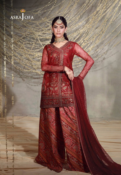 Asim Jofa | Luxury Festive 26 | AJULFE-08-Brand:Asim Jofa-Type:Ladies Clothes-Maroon-Poly Net-House of Maryam- Buy in UK, USA