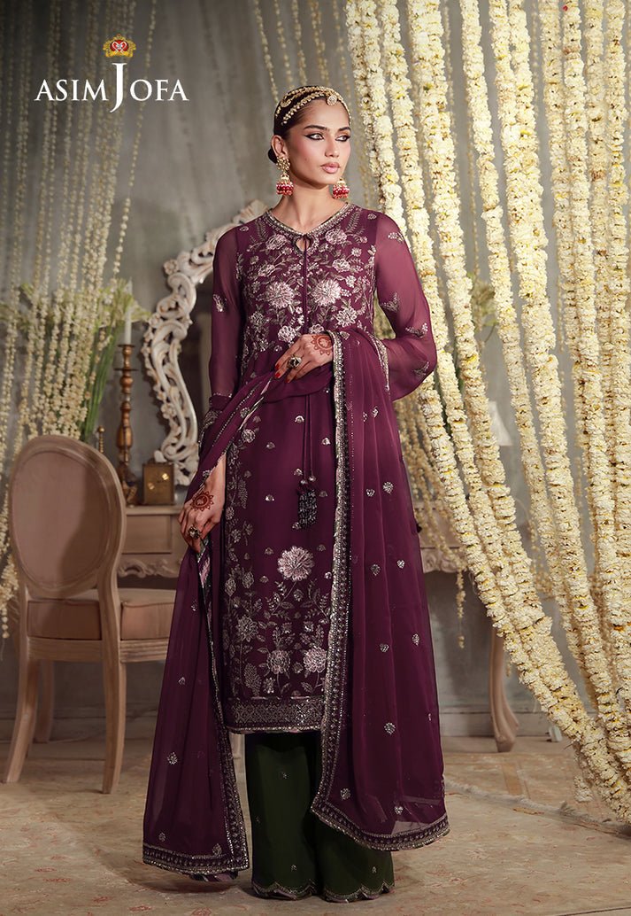 Asim Jofa | Luxury Festive 26 | AJULFE-11-Brand:Asim Jofa-Type:Ladies Clothes-Magenta-Chiffon-House of Maryam- Buy in UK, USA