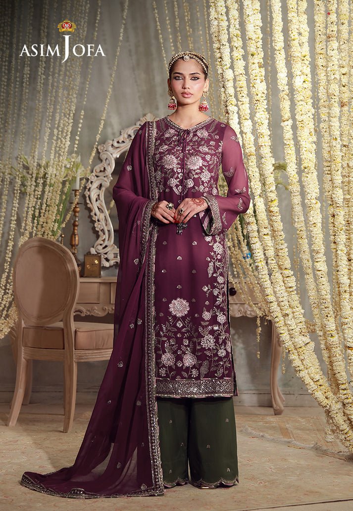 Asim Jofa | Luxury Festive 26 | AJULFE-11-Brand:Asim Jofa-Type:Ladies Clothes-Magenta-Chiffon-House of Maryam- Buy in UK, USA