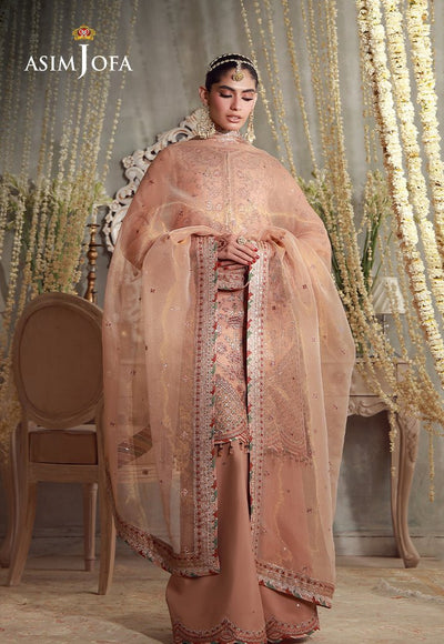 Asim Jofa | Luxury Festive 26 | AJULFE-12-Brand:Asim Jofa-Type:Ladies Clothes-Peach-Zari Chek Net-House of Maryam- Buy in UK, USA