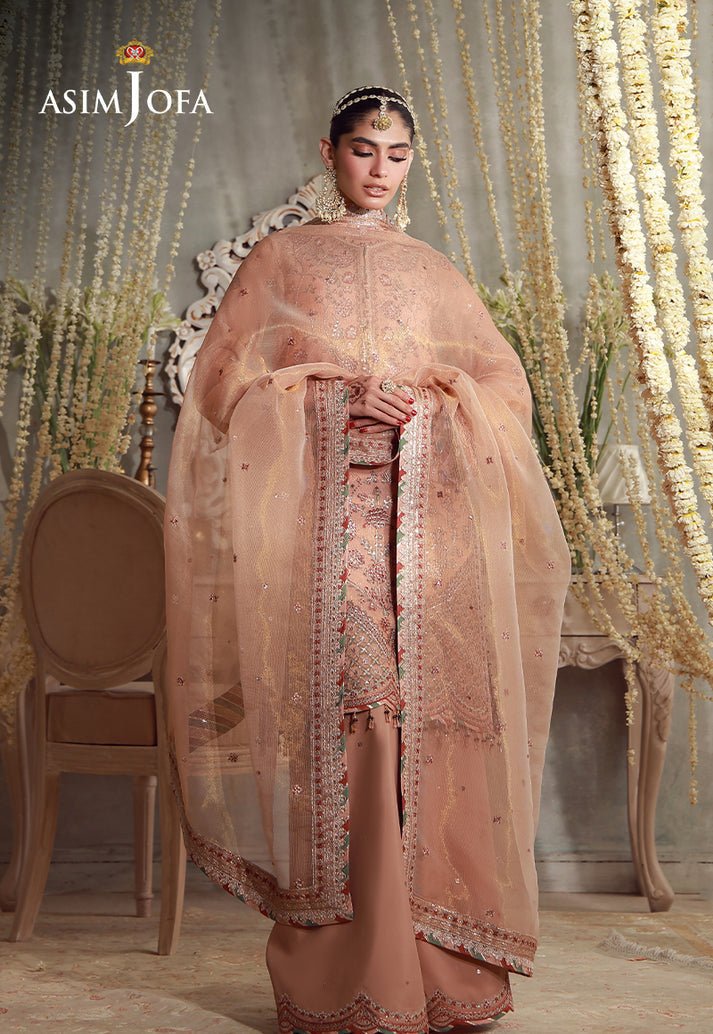 Asim Jofa | Luxury Festive 26 | AJULFE-12-Brand:Asim Jofa-Type:Ladies Clothes-Peach-Zari Chek Net-House of Maryam- Buy in UK, USA