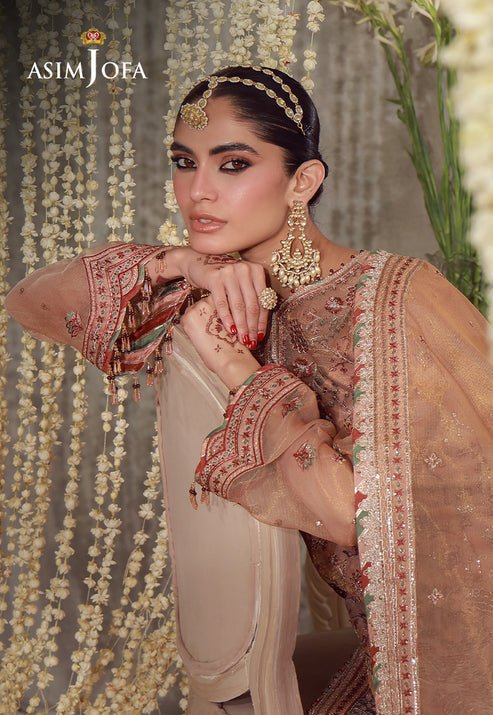 Asim Jofa | Luxury Festive 26 | AJULFE-12-Brand:Asim Jofa-Type:Ladies Clothes-Peach-Zari Chek Net-House of Maryam- Buy in UK, USA