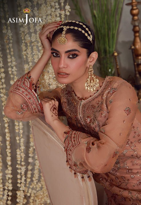 Asim Jofa | Luxury Festive 26 | AJULFE-12-Brand:Asim Jofa-Type:Ladies Clothes-Peach-Zari Chek Net-House of Maryam- Buy in UK, USA