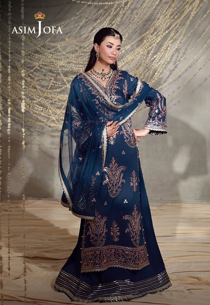 Asim Jofa | Luxury Festive 26 | AJULFE-13-Brand:Asim Jofa-Type:Ladies Clothes-Dark Teal Blue-Slub Lawn-House of Maryam- Buy in UK, USA
