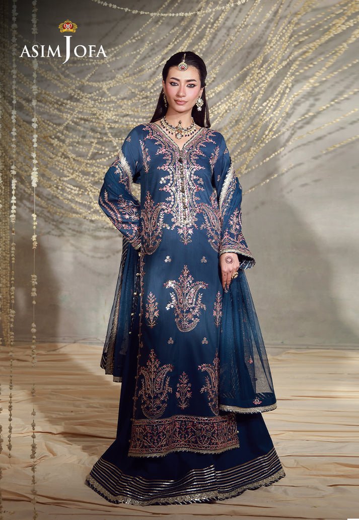Asim Jofa | Luxury Festive 26 | AJULFE-13-Brand:Asim Jofa-Type:Ladies Clothes-Dark Teal Blue-Slub Lawn-House of Maryam- Buy in UK, USA
