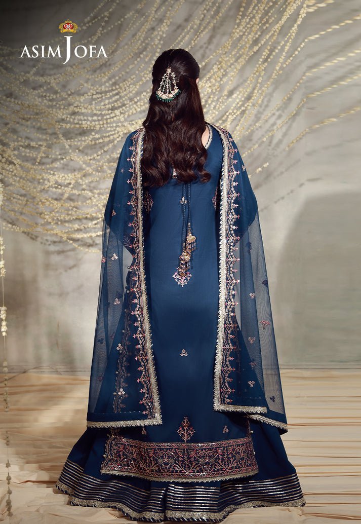 Asim Jofa | Luxury Festive 26 | AJULFE-13-Brand:Asim Jofa-Type:Ladies Clothes-Dark Teal Blue-Slub Lawn-House of Maryam- Buy in UK, USA