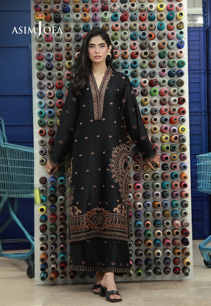 Asim Jofa | Luxury Pret | AJLPF-07-Brand:Asim Jofa-Type:Ladies Clothes-Black-Satin Silk-House of Maryam- Buy in UK, USA