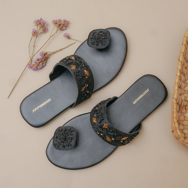 Chameli Black Slides by House of Maryam - House of Maryam