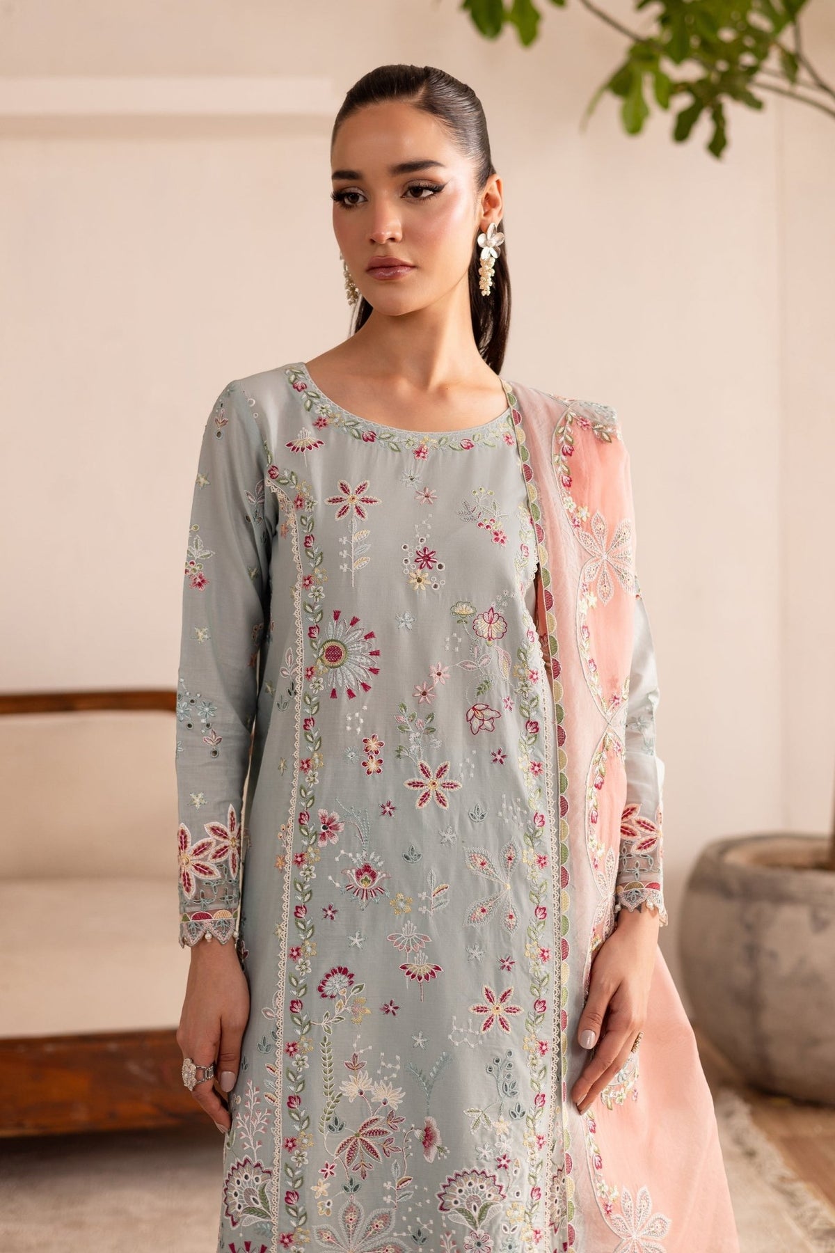 Batik | Nyra Embroidered Summer Solids | Across The Ocean-Brand:Batik-Type:Ladies Clothes-Lawn-Pastel Gray-House of Maryam- Buy in UK, USA