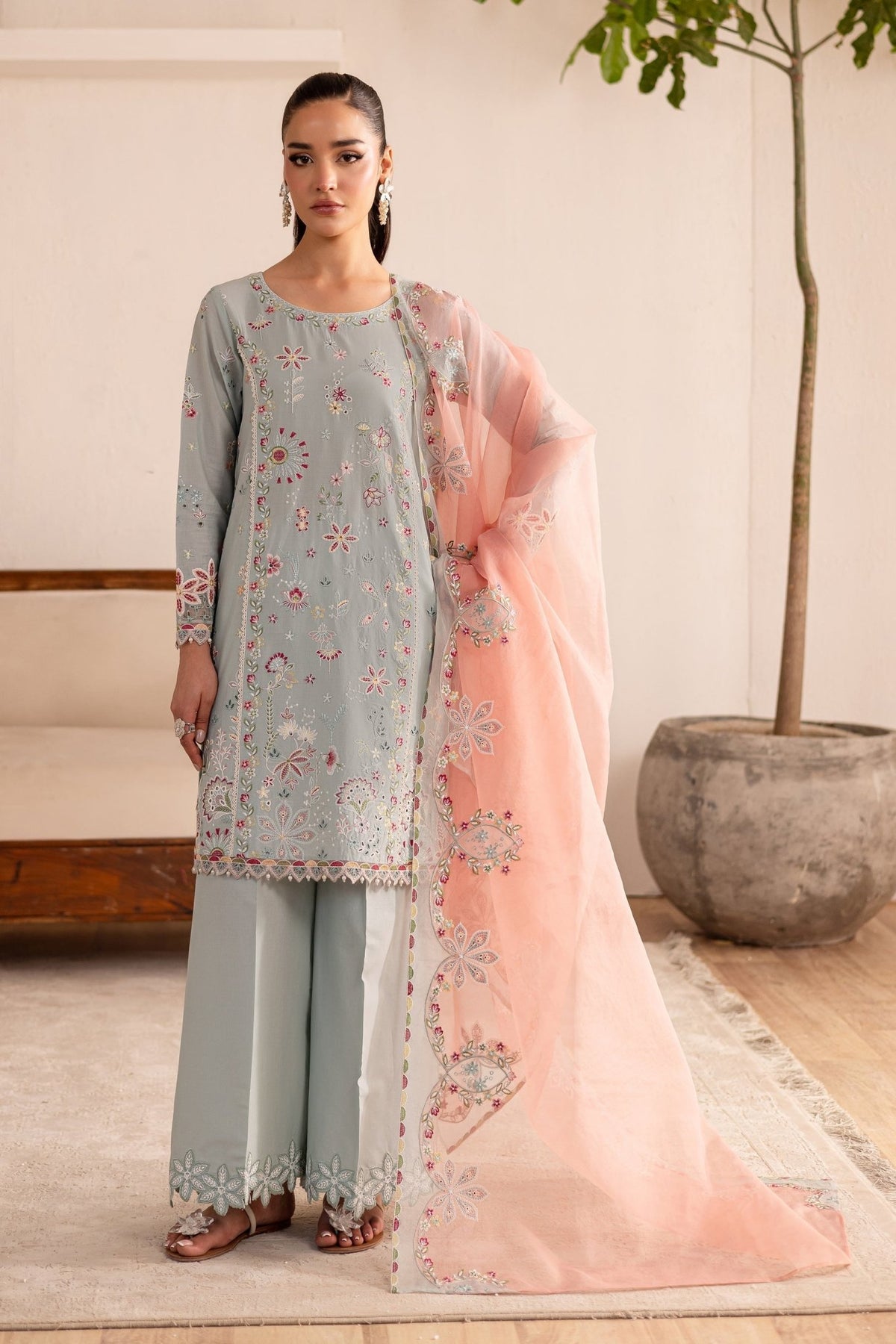 Batik | Nyra Embroidered Summer Solids | Across The Ocean-Brand:Batik-Type:Ladies Clothes-Lawn-Pastel Gray-House of Maryam- Buy in UK, USA