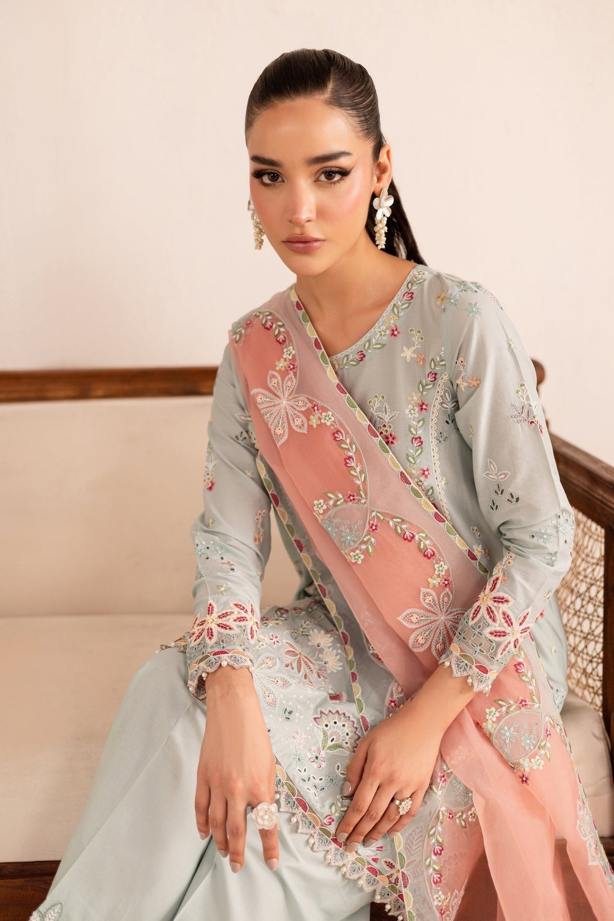 Batik | Nyra Embroidered Summer Solids | Across The Ocean-Brand:Batik-Type:Ladies Clothes-Lawn-Pastel Gray-House of Maryam- Buy in UK, USA