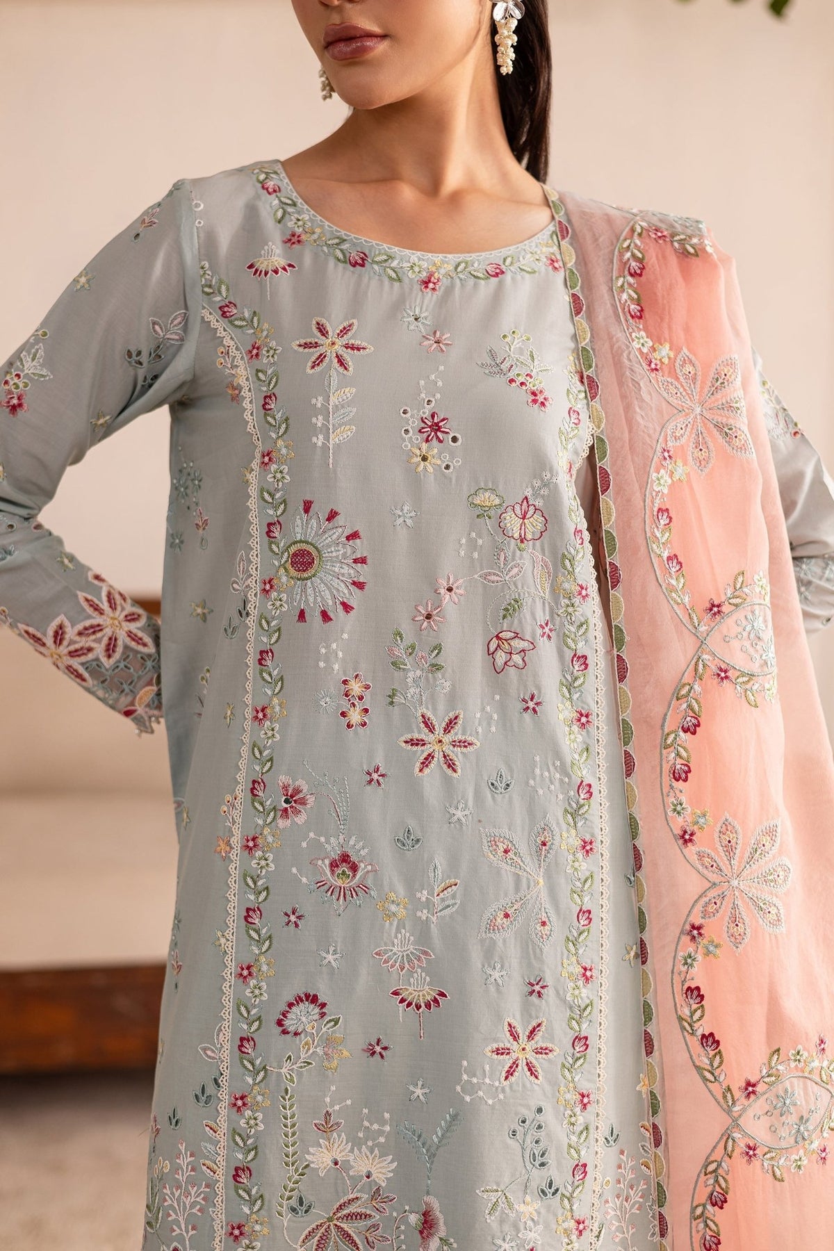 Batik | Nyra Embroidered Summer Solids | Across The Ocean-Brand:Batik-Type:Ladies Clothes-Lawn-Pastel Gray-House of Maryam- Buy in UK, USA