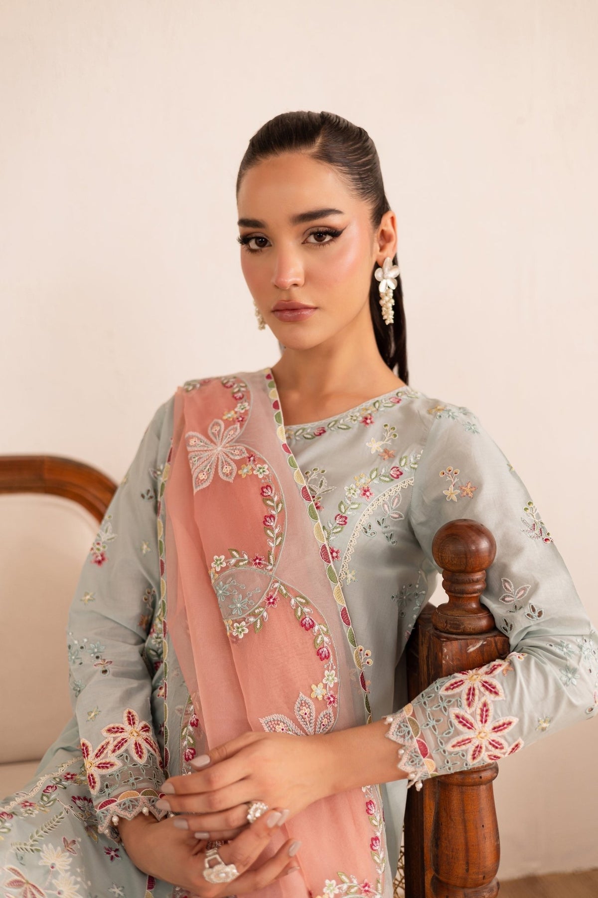 Batik | Nyra Embroidered Summer Solids | Across The Ocean-Brand:Batik-Type:Ladies Clothes-Lawn-Pastel Gray-House of Maryam- Buy in UK, USA