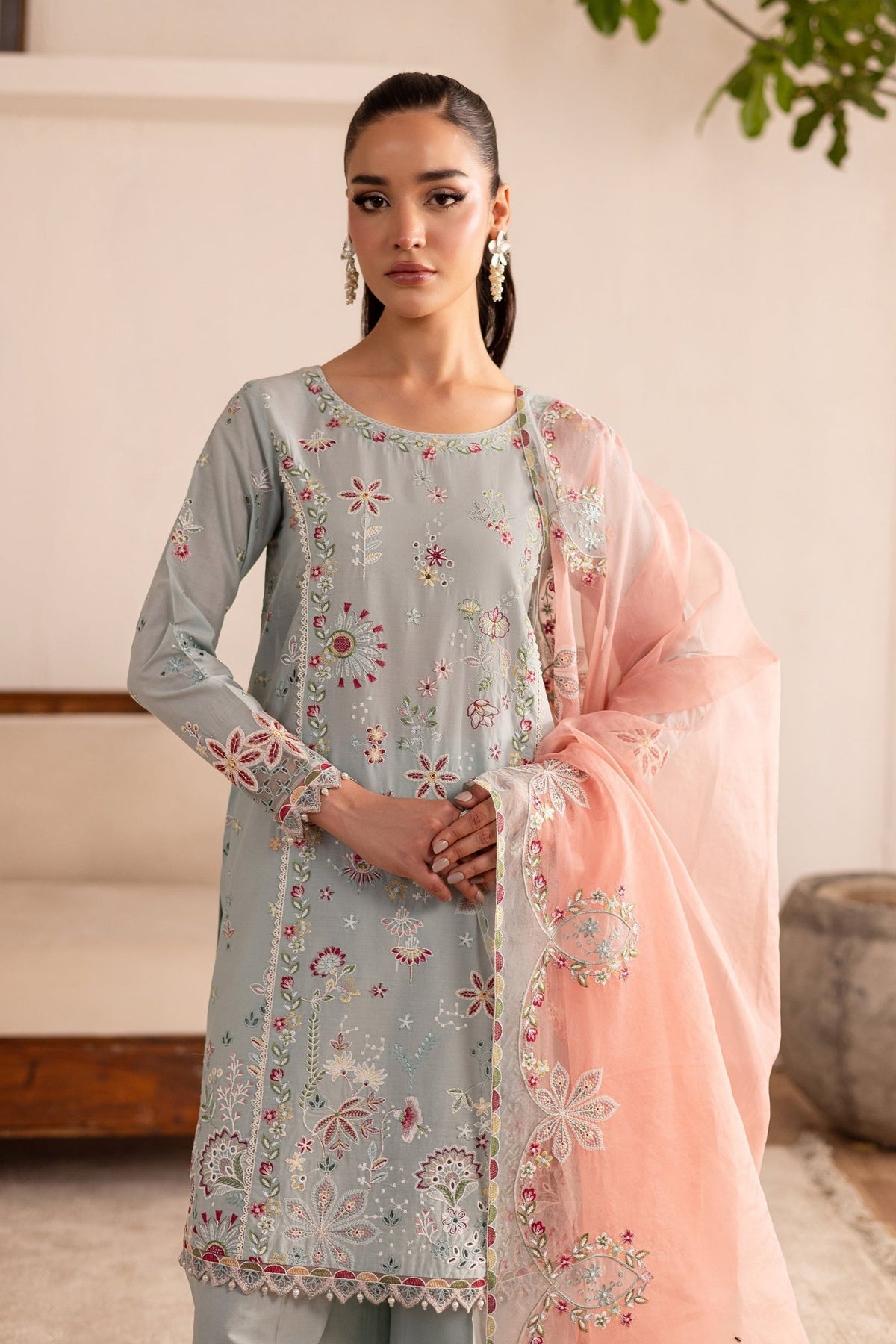 Batik | Nyra Embroidered Summer Solids | Across The Ocean-Brand:Batik-Type:Ladies Clothes-Lawn-Pastel Gray-House of Maryam- Buy in UK, USA