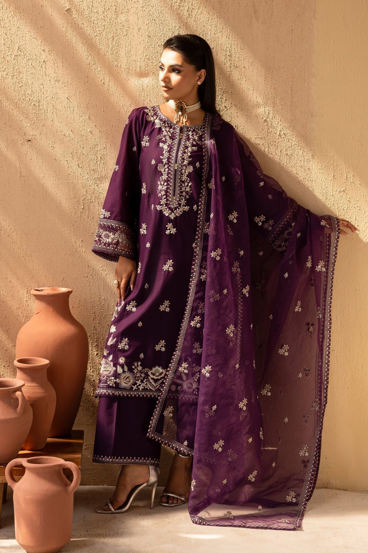 Batik | Nyra Embroidered Summer Solids | Amethyst-Brand:Batik-Type:Ladies Clothes-Dark Purple-Lawn-House of Maryam- Buy in UK, USA