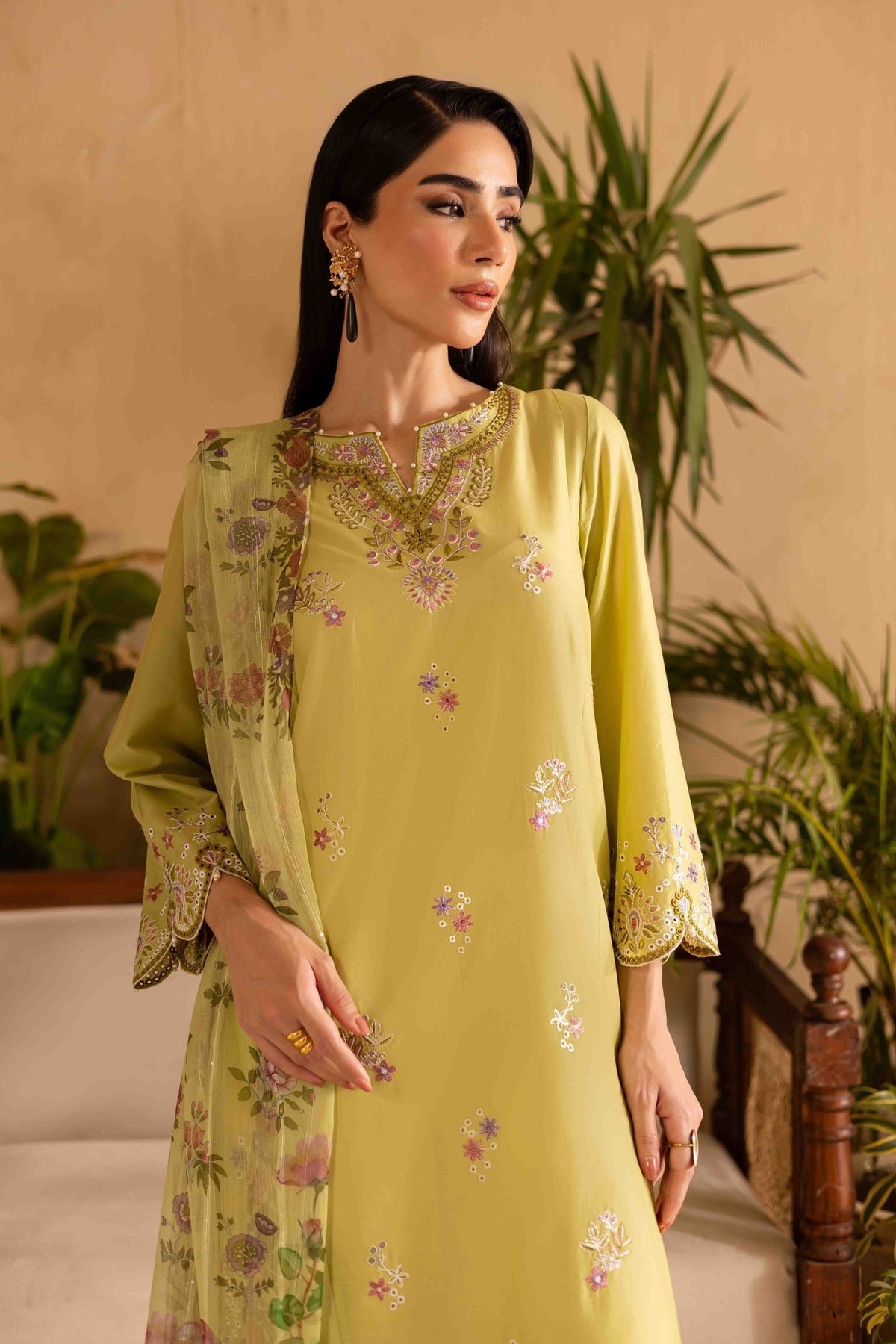 Batik | Nyra Embroidered Summer Solids | Apple Pie-Brand:Batik-Type:Ladies Clothes-Neon Green-Lawn-House of Maryam- Buy in UK, USA