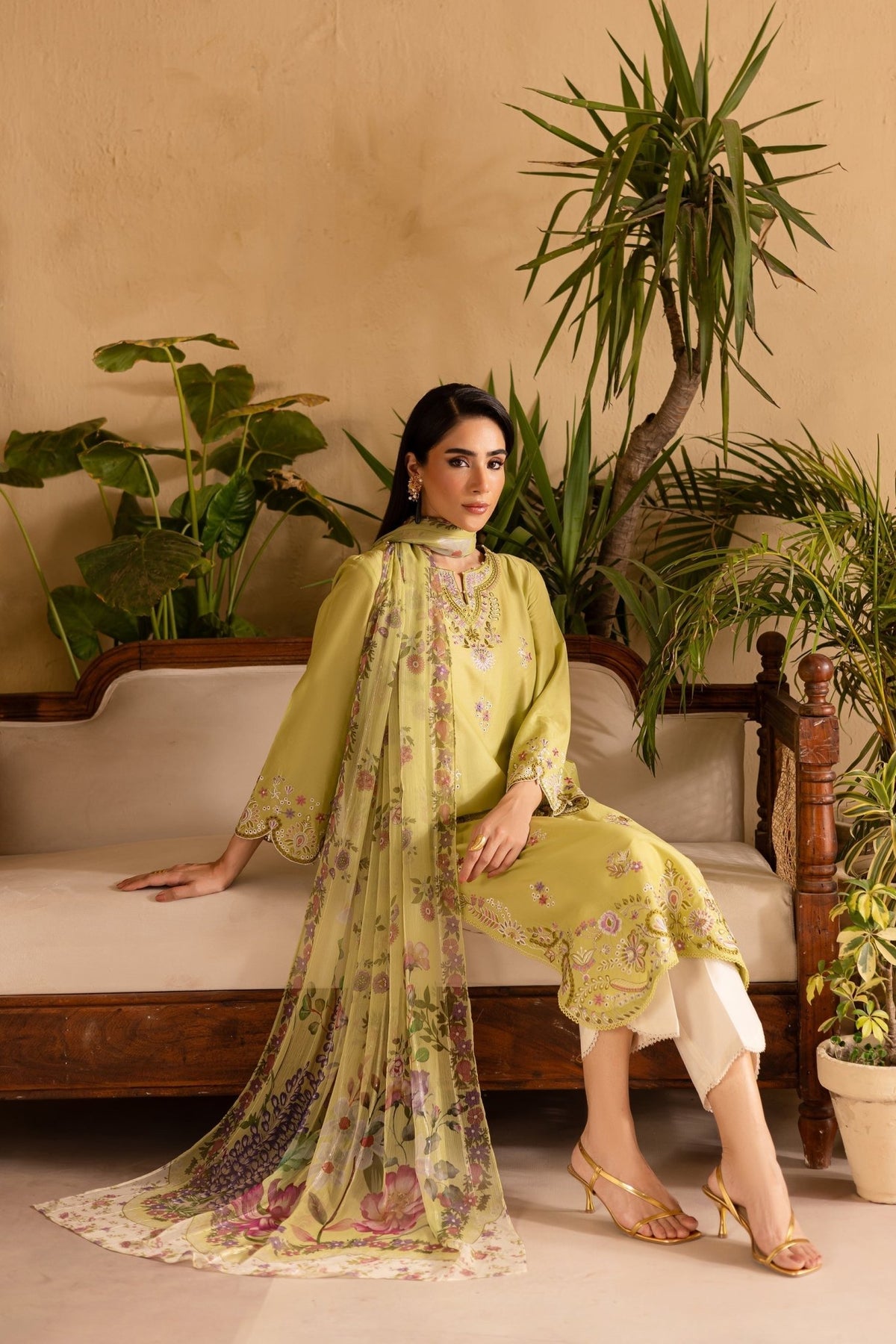 Batik | Nyra Embroidered Summer Solids | Apple Pie-Brand:Batik-Type:Ladies Clothes-Neon Green-Lawn-House of Maryam- Buy in UK, USA