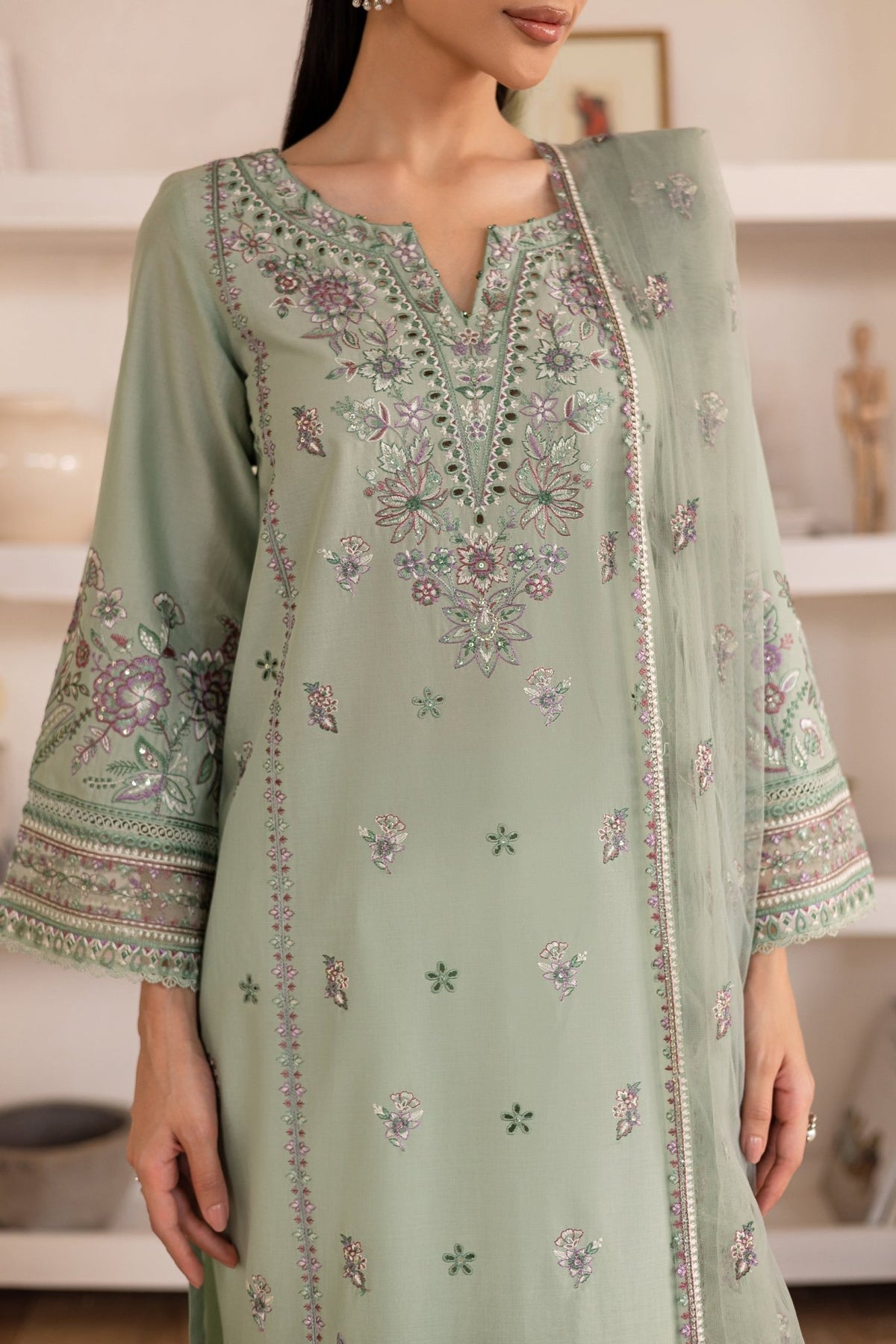 Batik | Nyra Embroidered Summer Solids | Arzou-Brand:Batik-Type:Ladies Clothes-Mint Green-Lawn-House of Maryam- Buy in UK, USA
