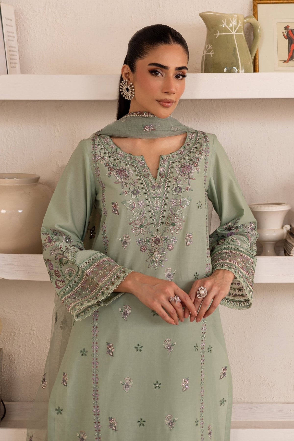 Batik | Nyra Embroidered Summer Solids | Arzou-Brand:Batik-Type:Ladies Clothes-Mint Green-Lawn-House of Maryam- Buy in UK, USA