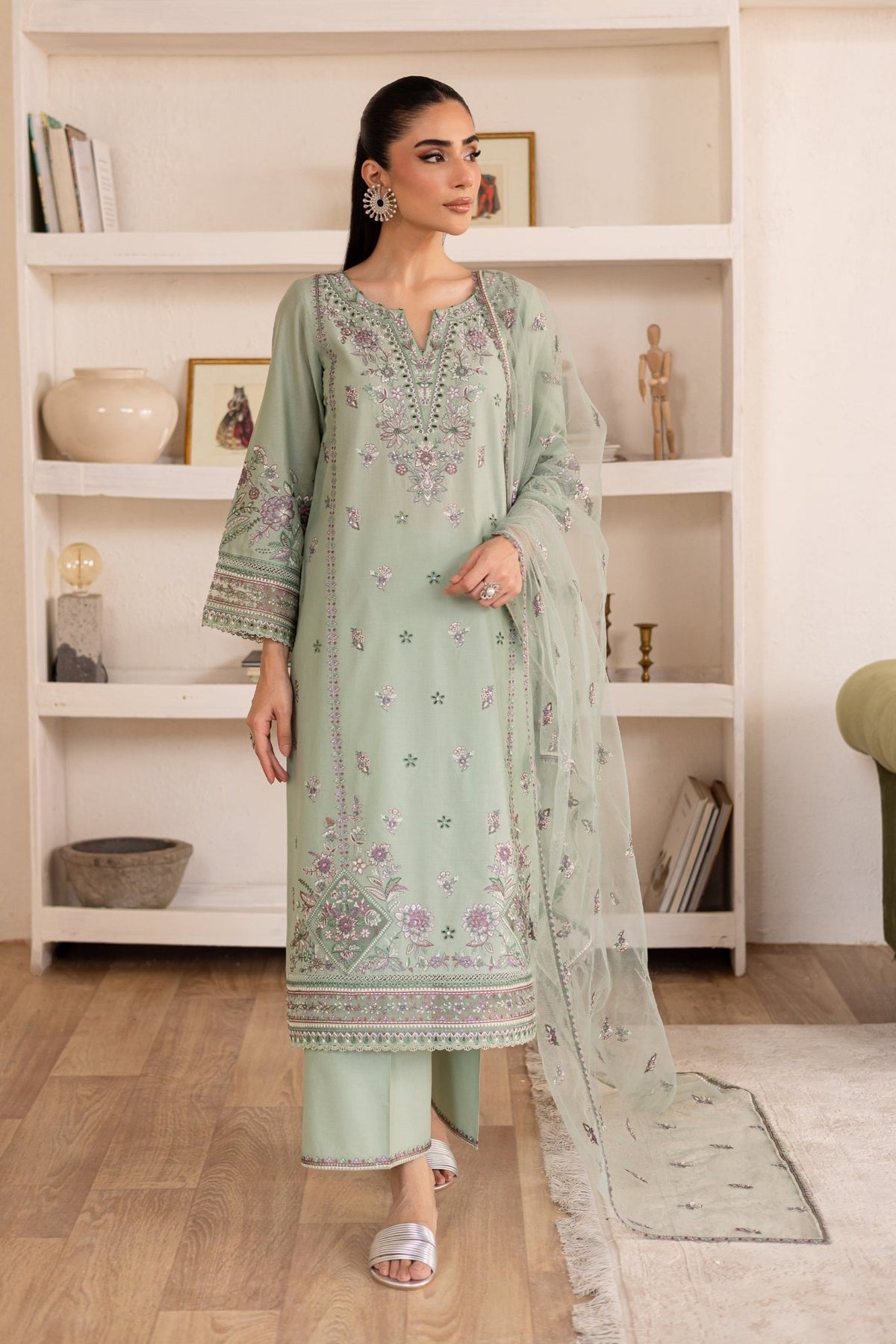 Batik | Nyra Embroidered Summer Solids | Arzou-Brand:Batik-Type:Ladies Clothes-Mint Green-Lawn-House of Maryam- Buy in UK, USA
