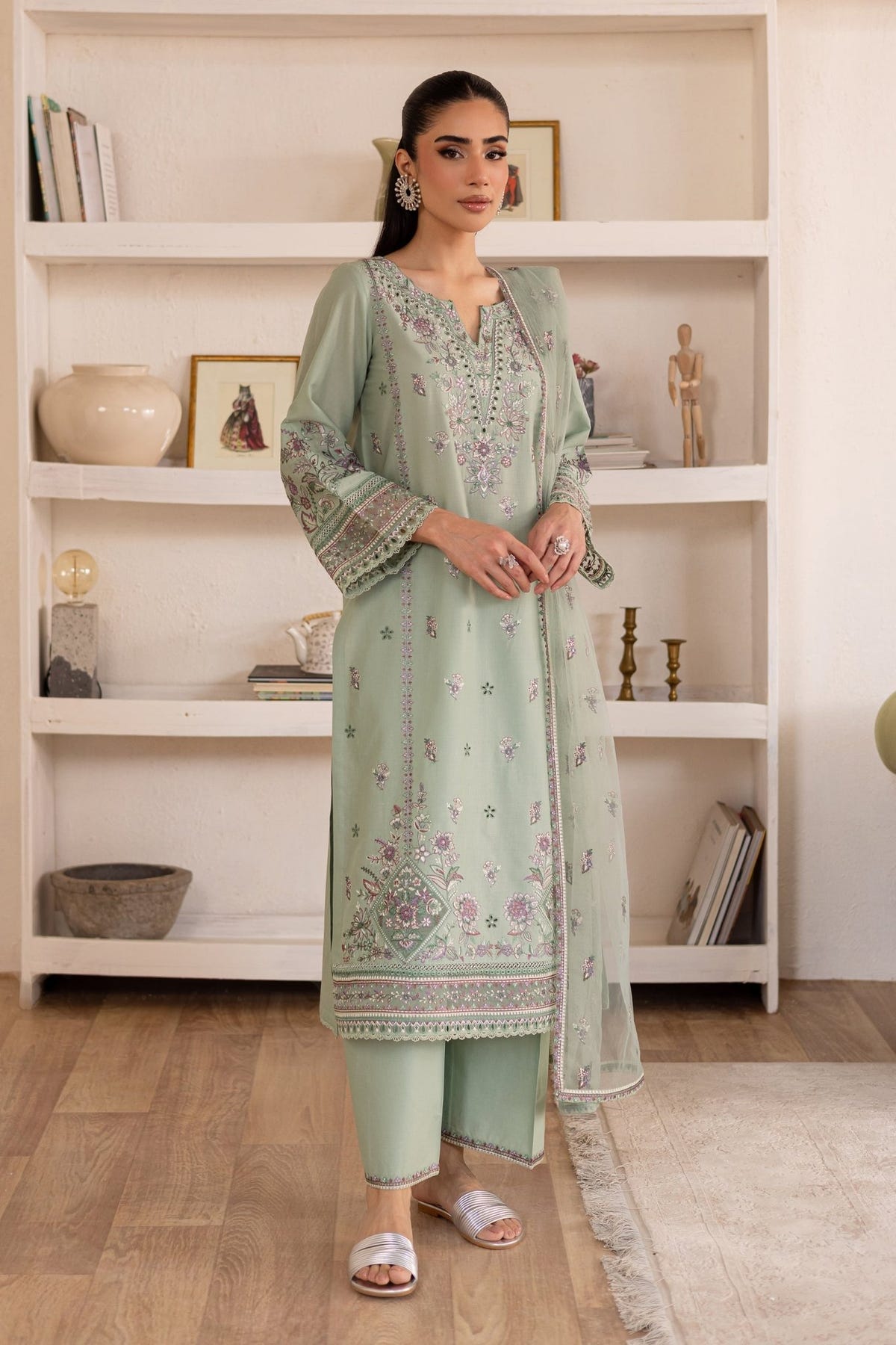 Batik | Nyra Embroidered Summer Solids | Arzou-Brand:Batik-Type:Ladies Clothes-Mint Green-Lawn-House of Maryam- Buy in UK, USA