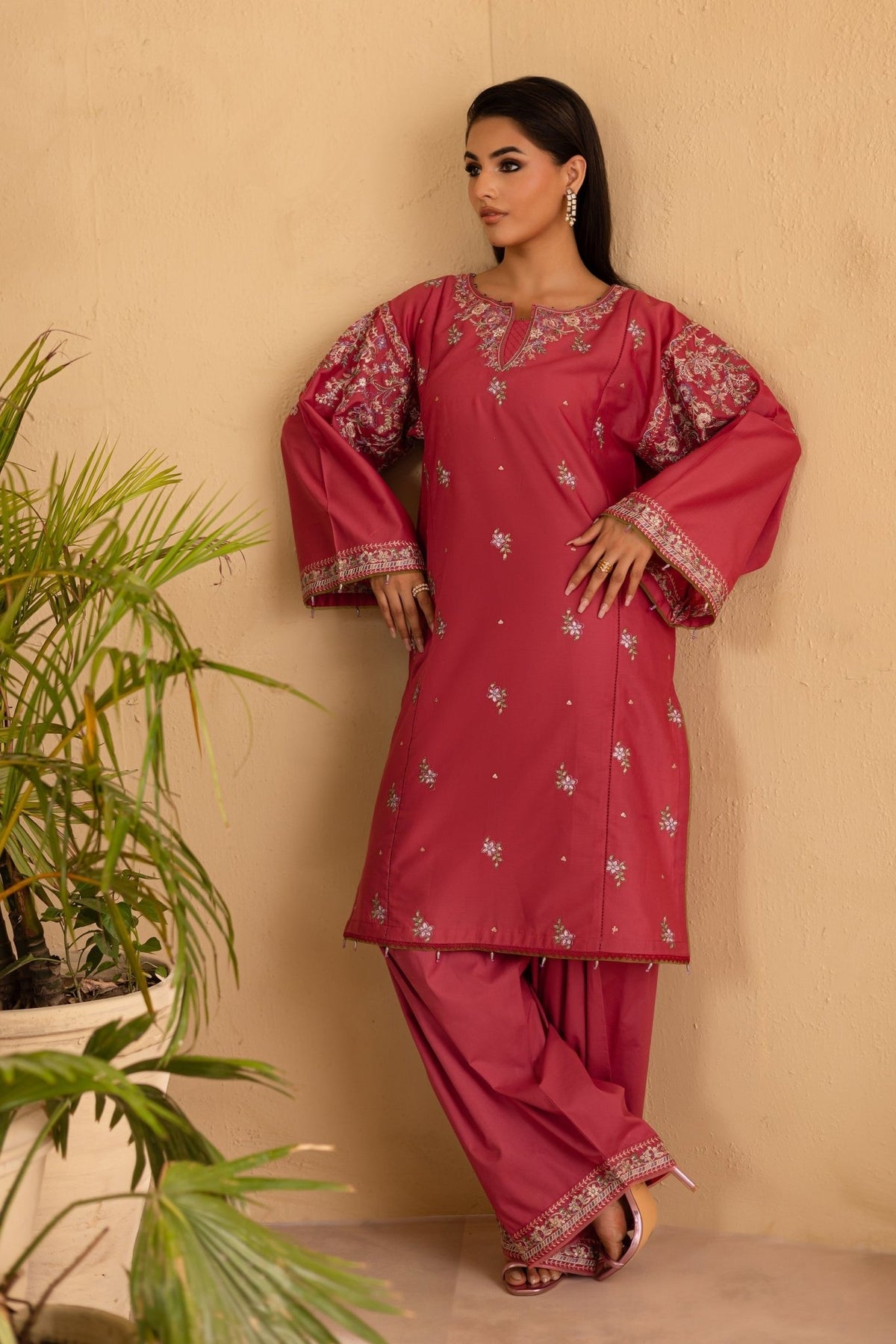 Batik | Nyra Embroidered Summer Solids | Blush-Brand:Batik-Type:Ladies Clothes-Coral Pink-Lawn-House of Maryam- Buy in UK, USA