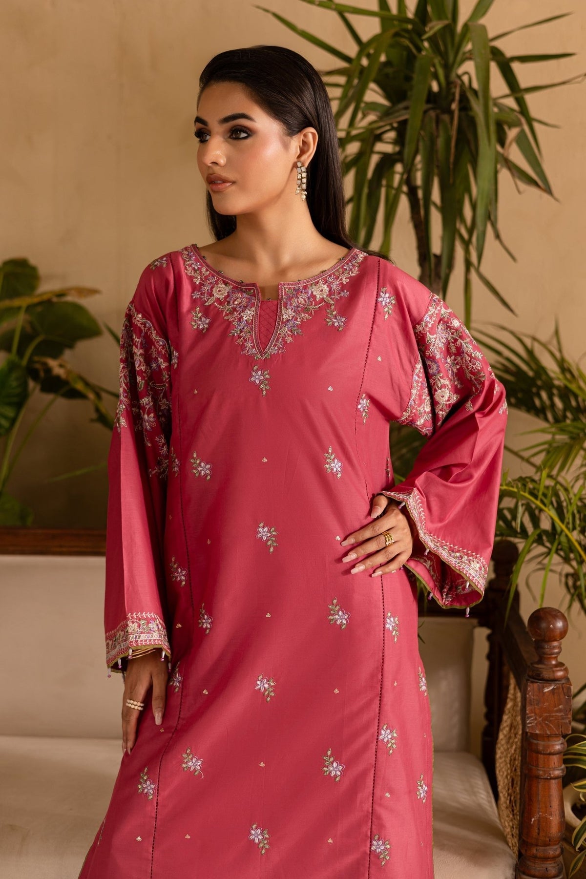 Batik | Nyra Embroidered Summer Solids | Blush-Brand:Batik-Type:Ladies Clothes-Coral Pink-Lawn-House of Maryam- Buy in UK, USA