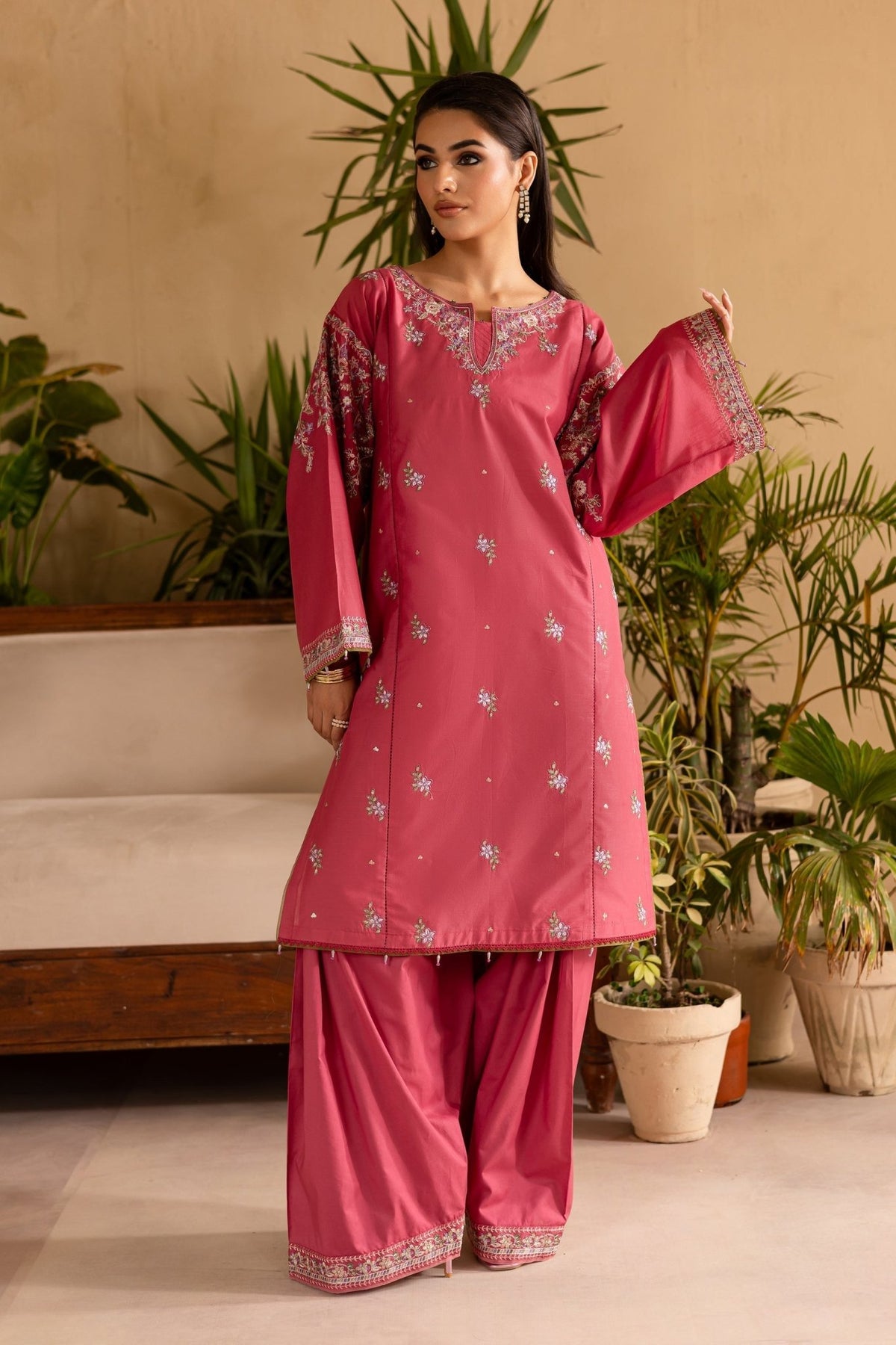Batik | Nyra Embroidered Summer Solids | Blush-Brand:Batik-Type:Ladies Clothes-Coral Pink-Lawn-House of Maryam- Buy in UK, USA
