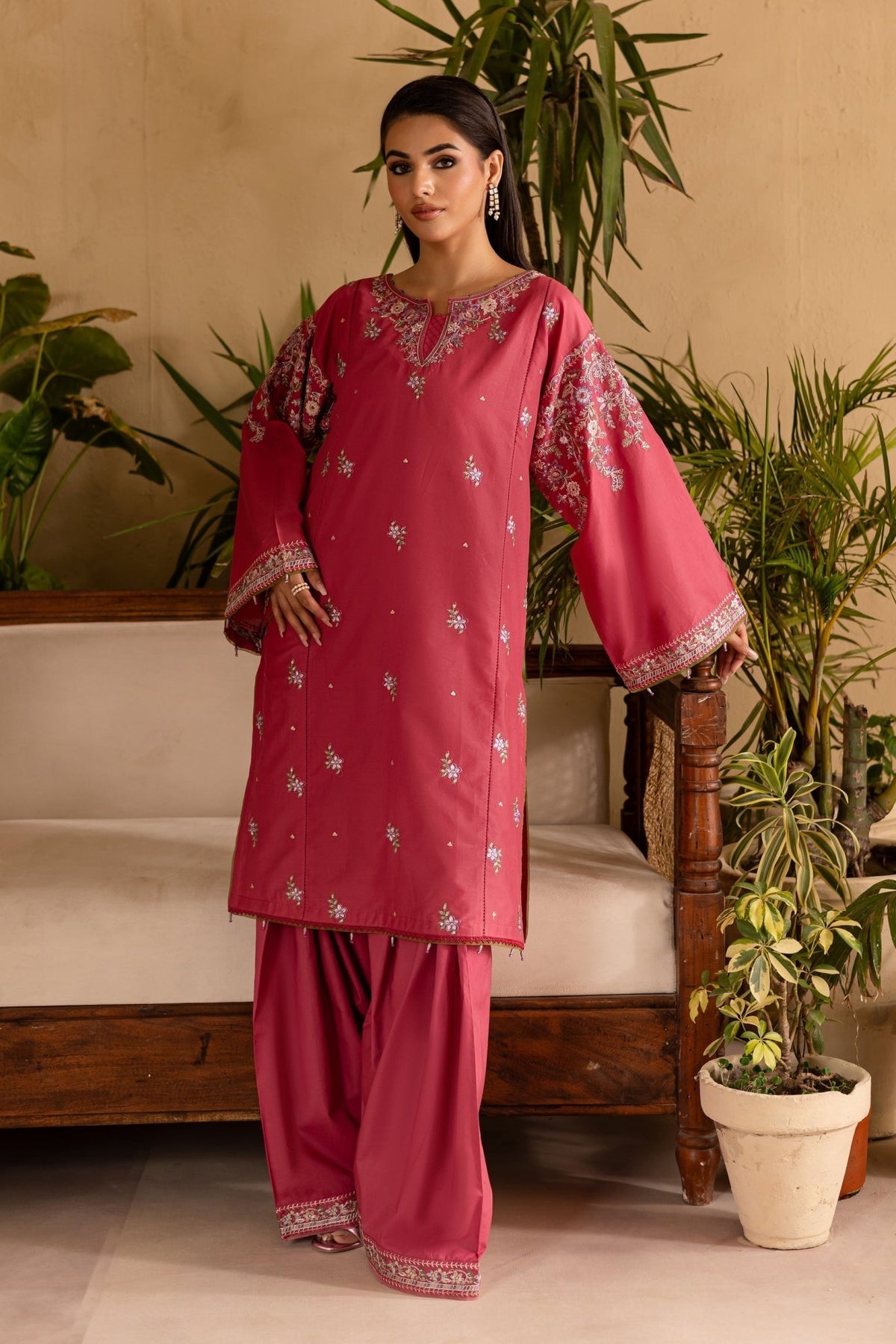 Batik | Nyra Embroidered Summer Solids | Blush-Brand:Batik-Type:Ladies Clothes-Coral Pink-Lawn-House of Maryam- Buy in UK, USA