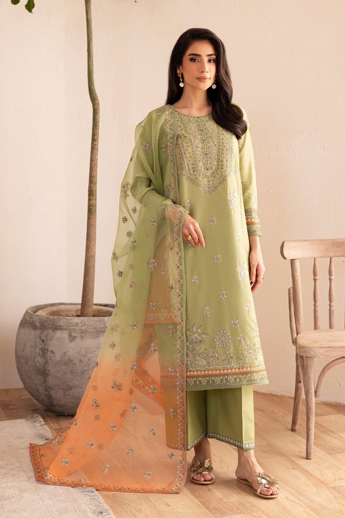 Batik | Nyra Embroidered Summer Solids | Citrus Glow-Brand:Batik-Type:Ladies Clothes-Neon Mint-Lawn-House of Maryam- Buy in UK, USA