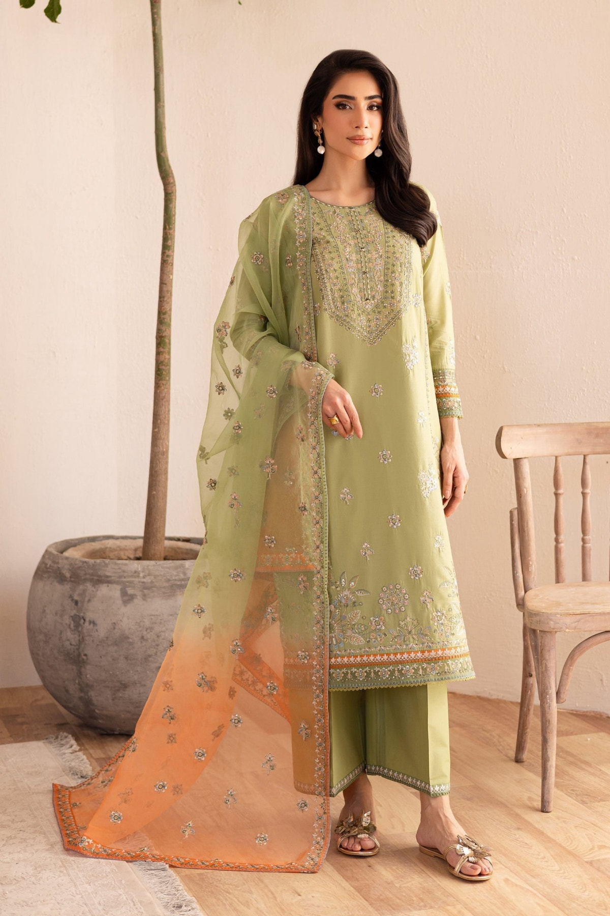 Batik | Nyra Embroidered Summer Solids | Citrus Glow-Brand:Batik-Type:Ladies Clothes-Neon Mint-Lawn-House of Maryam- Buy in UK, USA