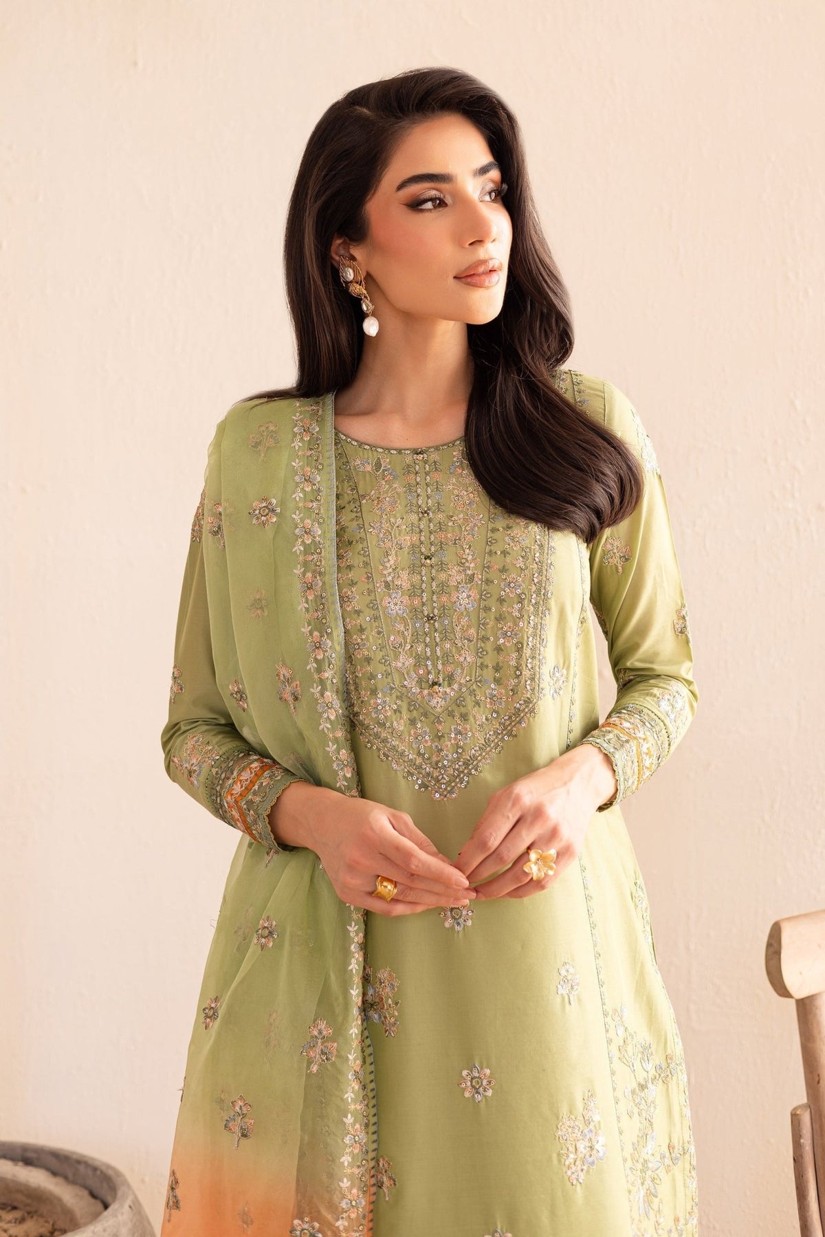 Batik | Nyra Embroidered Summer Solids | Citrus Glow-Brand:Batik-Type:Ladies Clothes-Neon Mint-Lawn-House of Maryam- Buy in UK, USA