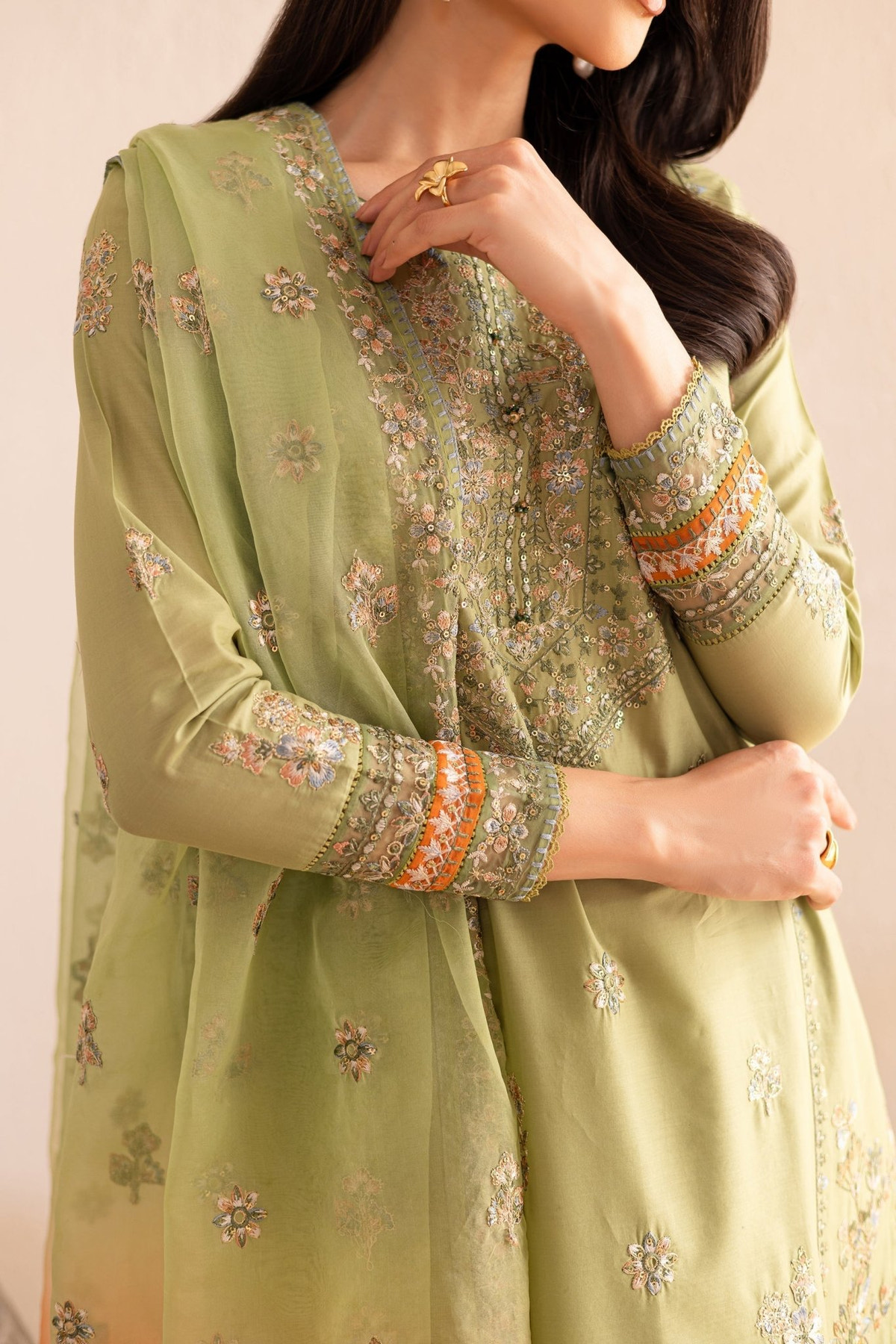 Batik | Nyra Embroidered Summer Solids | Citrus Glow-Brand:Batik-Type:Ladies Clothes-Neon Mint-Lawn-House of Maryam- Buy in UK, USA