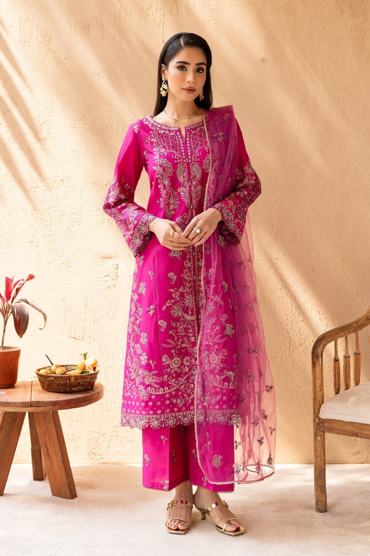 Batik | Nyra Embroidered Summer Solids |Dastak-Brand:Batik-Type:Ladies Clothes-Lawn-Candy Pink-House of Maryam- Buy in UK, USA