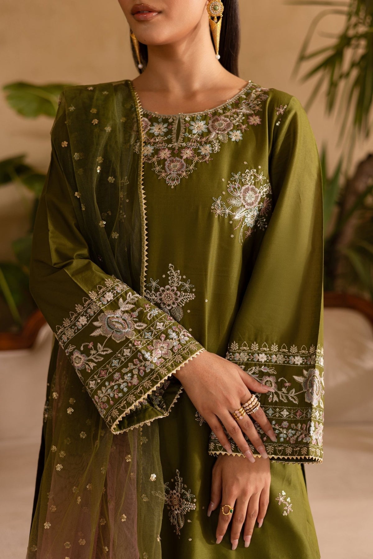 Batik | Nyra Embroidered Summer Solids | Farshi Green-Brand:Batik-Type:Ladies Clothes-mendhi-Lawn-House of Maryam- Buy in UK, USA