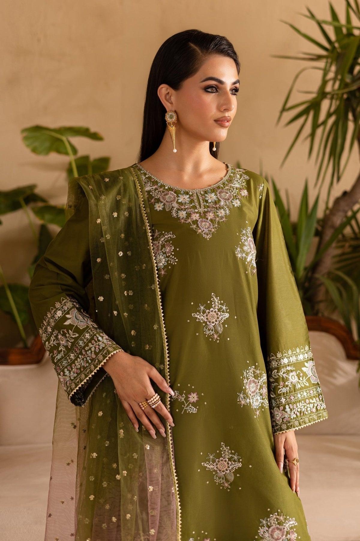 Batik | Nyra Embroidered Summer Solids | Farshi Green-Brand:Batik-Type:Ladies Clothes-mendhi-Lawn-House of Maryam- Buy in UK, USA