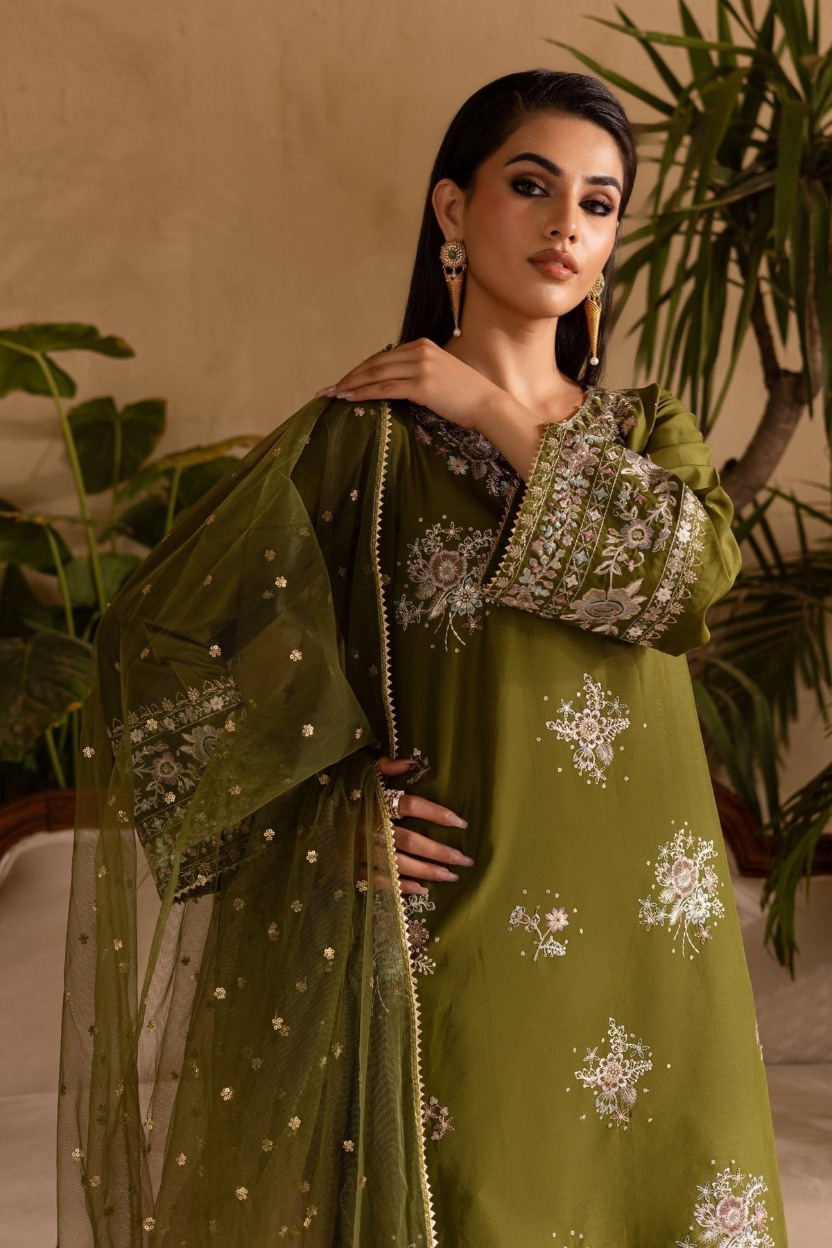 Batik | Nyra Embroidered Summer Solids | Farshi Green-Brand:Batik-Type:Ladies Clothes-mendhi-Lawn-House of Maryam- Buy in UK, USA
