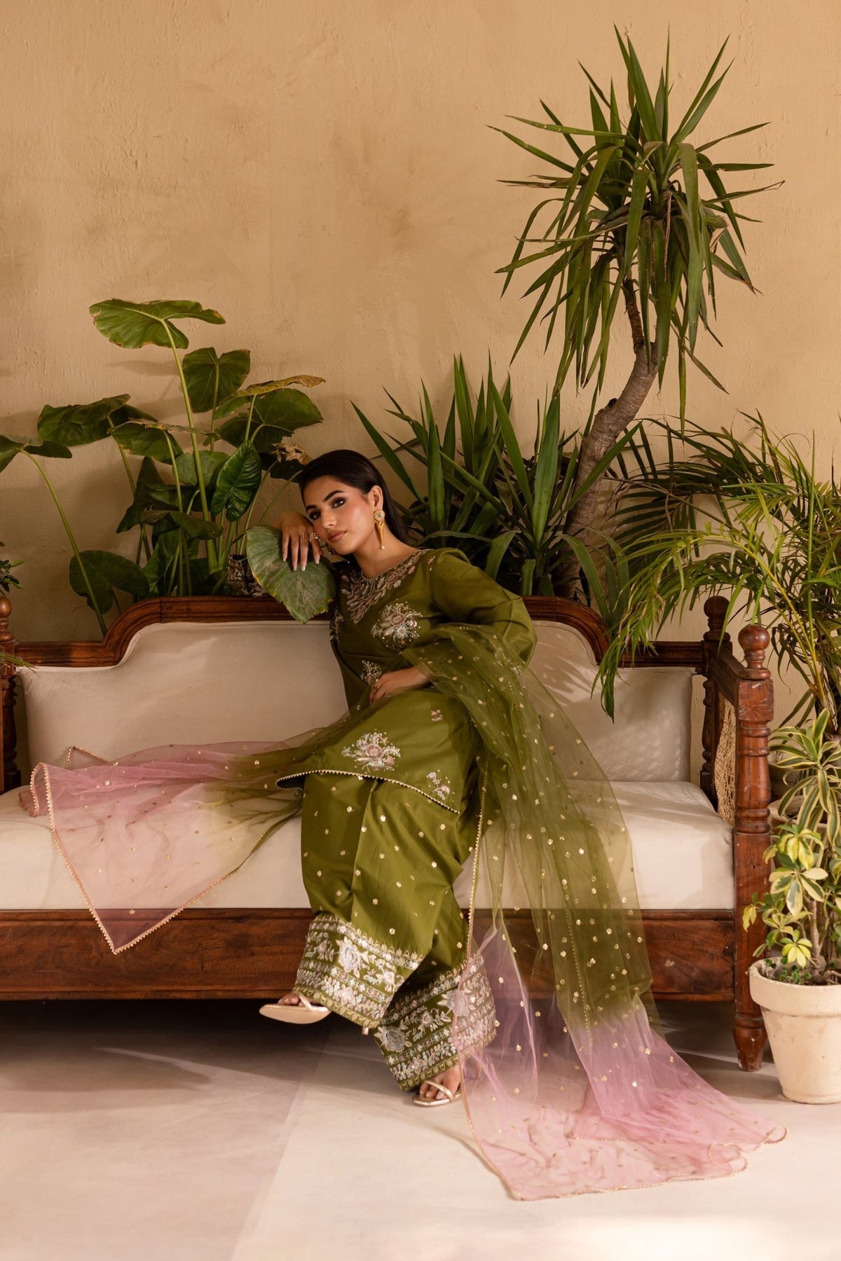Batik | Nyra Embroidered Summer Solids | Farshi Green-Brand:Batik-Type:Ladies Clothes-mendhi-Lawn-House of Maryam- Buy in UK, USA