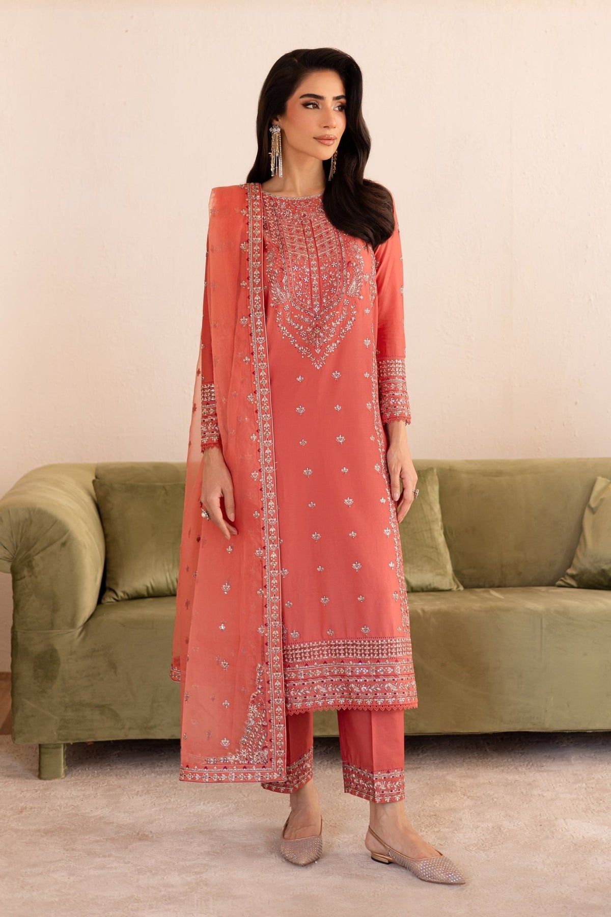 Batik | Nyra Embroidered Summer Solids | Fika-Brand:Batik-Type:Ladies Clothes-Peach-Lawn-House of Maryam- Buy in UK, USA